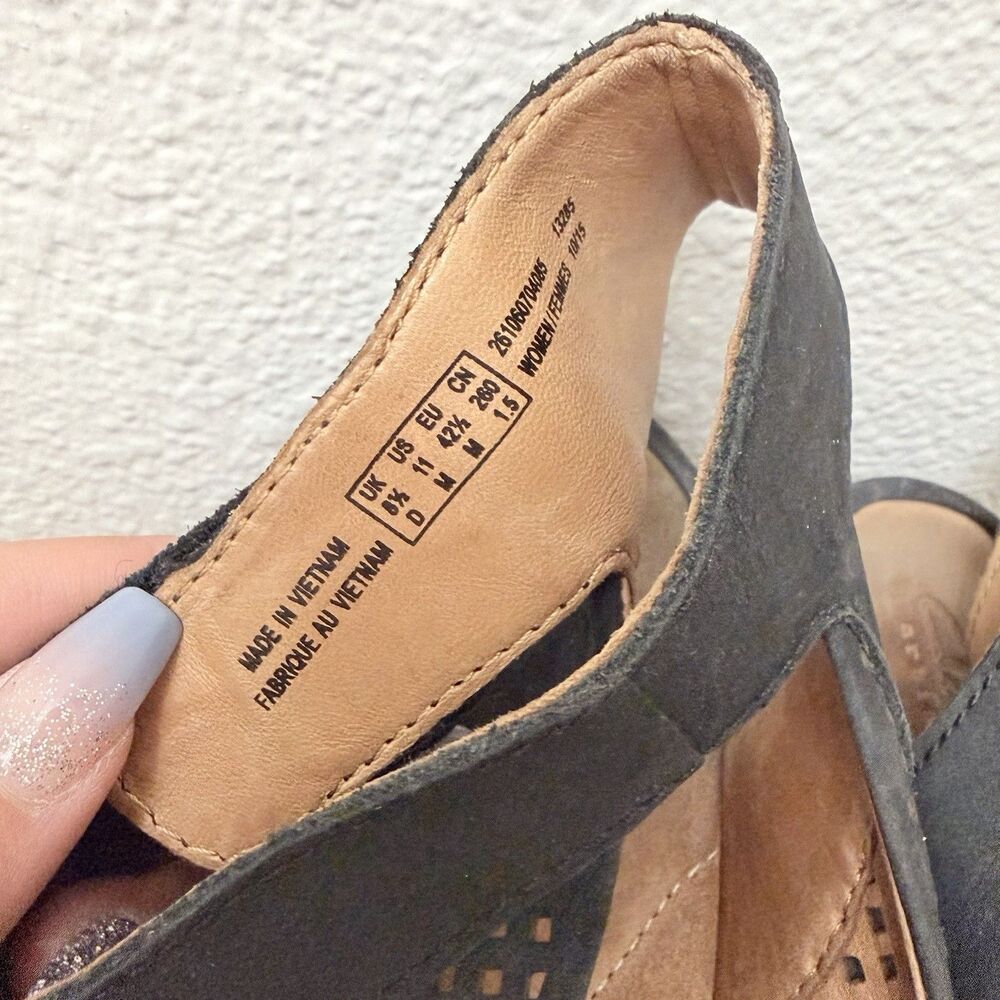 Clarks Artisan Black Nubuck Wedge Sandals Peep Toe Hook Loop Women’s 11 - Picture 10 of 11